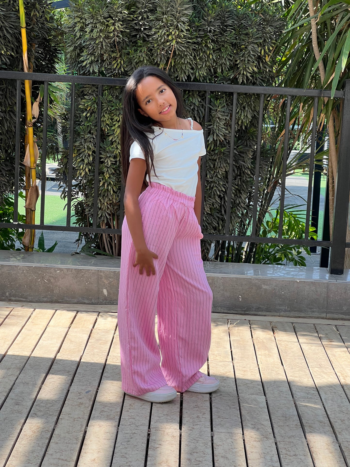 Pink Striped Pants White Top
